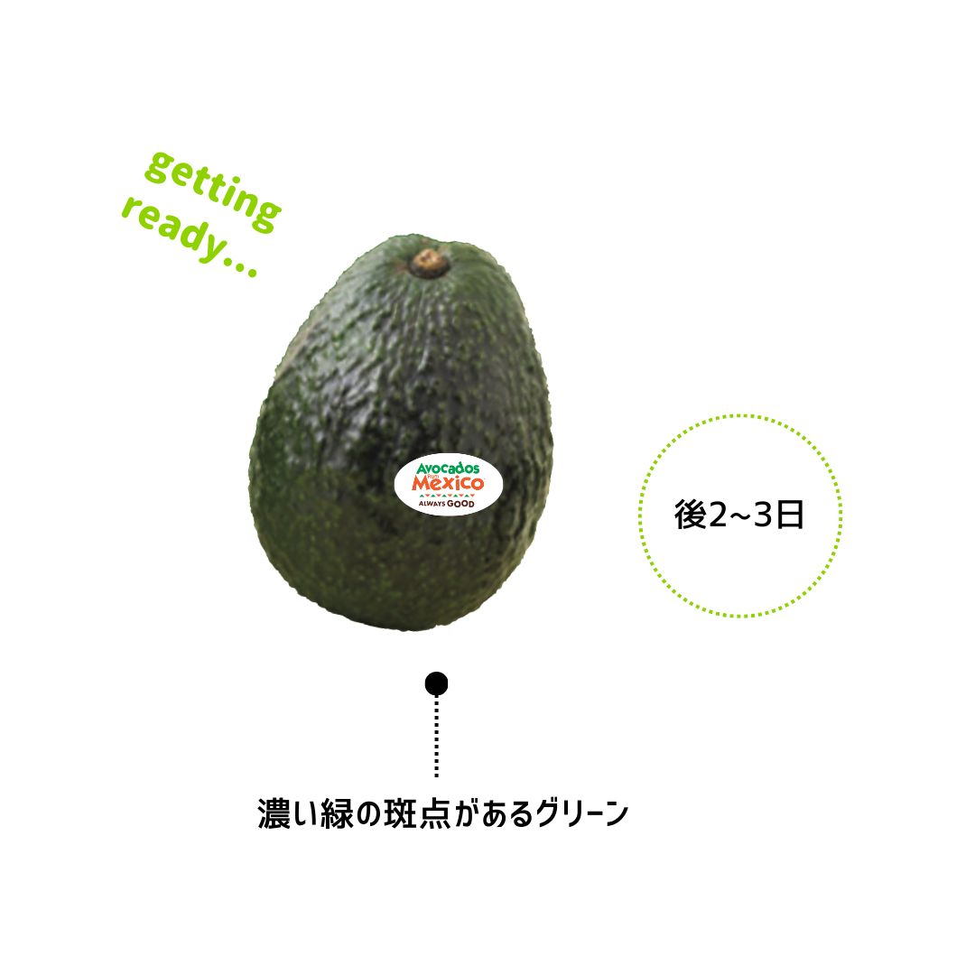 アボカド食べごろの色味：濃い緑の斑点があるグリーン